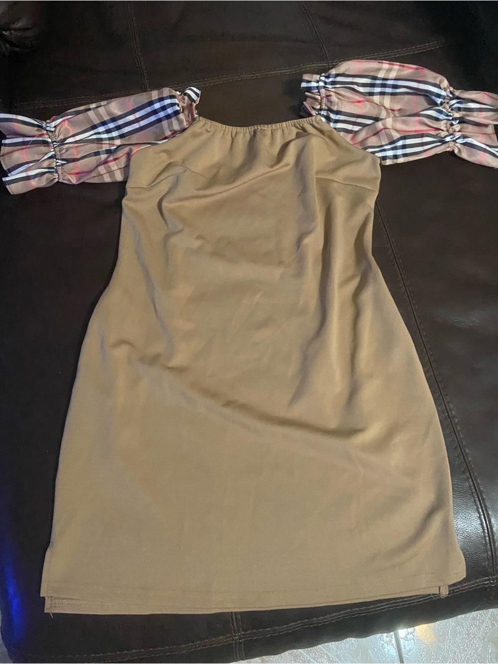 Off-Shoulder Tan Dress with Plaid Puff Sleeves - Casual Chic